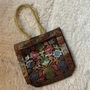 Embroidered Floral Tote Bag with Gold Rope Handles